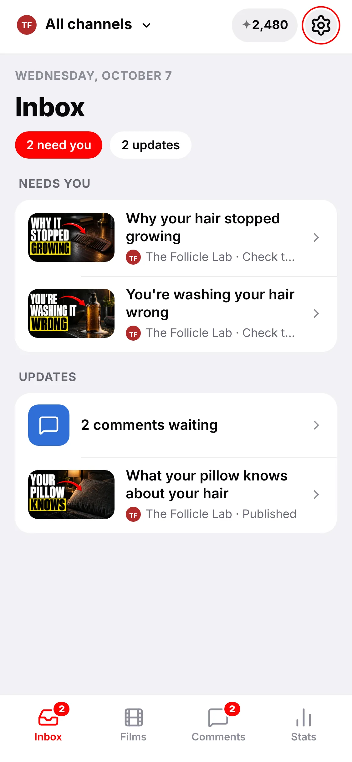 The phone app's Inbox: two videos wait for a check, and two comments wait for an answer